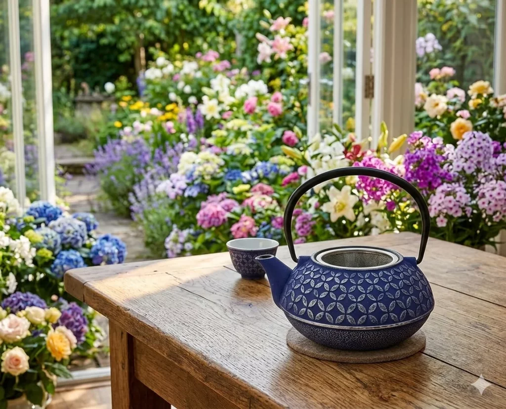 théière en fonte bleu de chez Nature et Découvertes