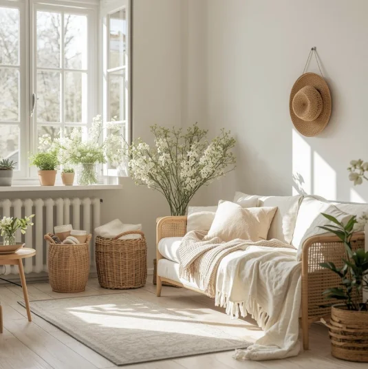 Salon baigné de lumière naturelle avec un canapé en rotin, des coussins clairs, des paniers en osier et des fleurs blanches printanières près de la fenêtre.