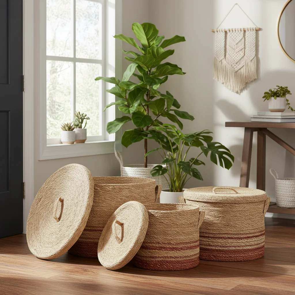 Trois paniers ronds en jonc de mer avec couvercles posés sur un parquet, à côté d'une plante verte dans un intérieur lumineux.