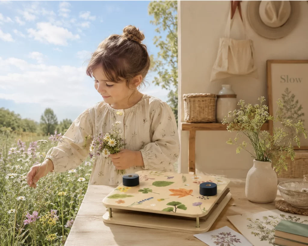 Enfant cueillant des fleurs sauvages avec un presse-fleurs en bois sur une table lumineuse