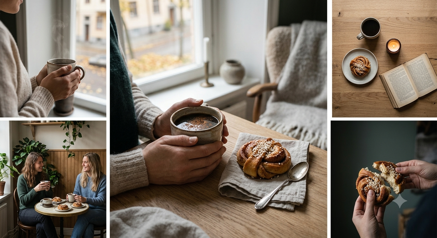 Image centrale : Gros plan sur des mains tenant une tasse de café en grès fumant, à côté d'une brioche à la cannelle sur une table en bois clair. Image en haut à gauche : Plan de profil d'une personne tenant une tasse chaude près d'une fenêtre donnant sur une rue d'automne. Image en bas à gauche : Deux femmes partageant un café et des brioches dans un café lumineux avec des boiseries. Image en haut à droite (flatlay) : Vue de dessus d'un café, d'une brioche, d'une bougie allumée et d'un livre ouvert sur une table en bois. Image en bas à droite : Gros plan sur des mains séparant délicatement une brioche à la cannelle.