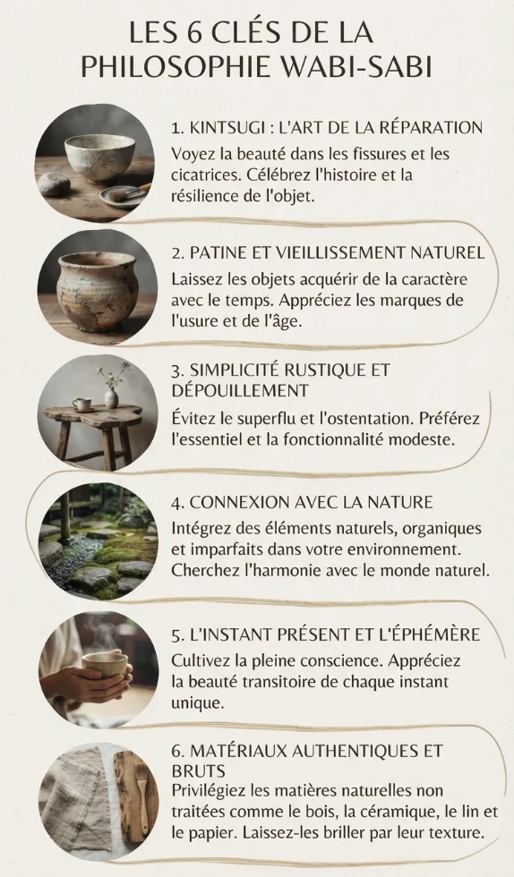 Infographie Pinterest épurée listant "Les 6 clés de la philosophie wabi-sabi", avec des visuels de kintsugi, de poteries anciennes, de matériaux bruts et de nature.