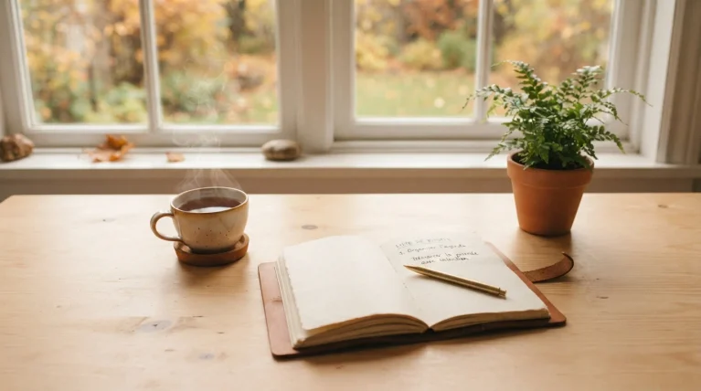 Un bureau en bois chaleureux près d'une fenêtre lumineuse, avec une tasse de thé fumante, un carnet ouvert et une plante verte.