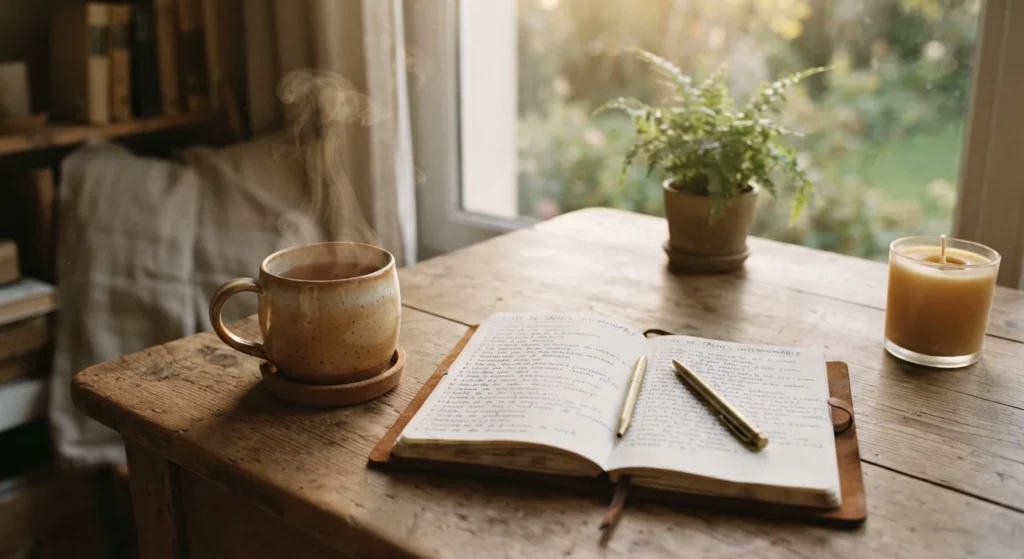 Un bureau en bois chaleureux baigné de lumière naturelle, avec une tasse de thé fumante, un carnet ouvert et une bougie allumée.