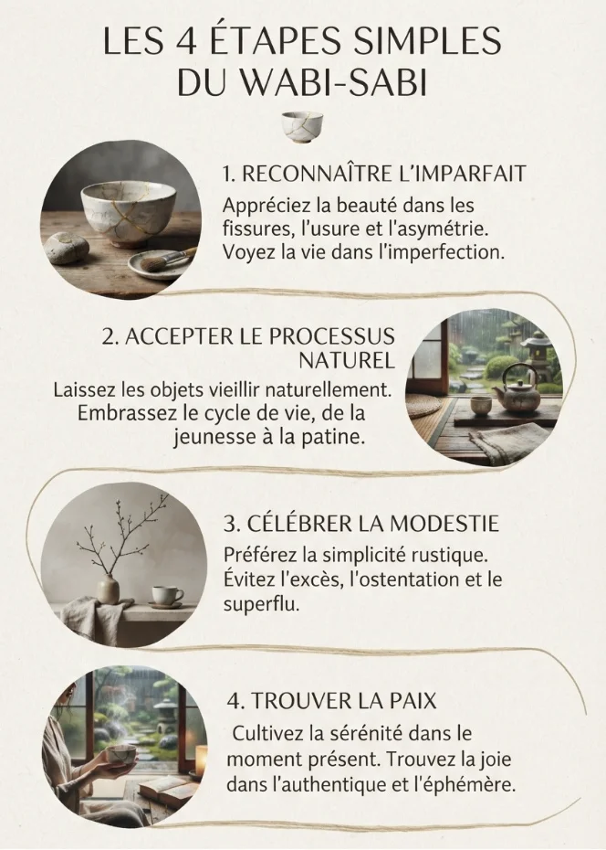 Infographie Pinterest esthétique aux tons neutres intitulée "Les 4 étapes simples du wabi-sabi", illustrant la philosophie de l'imperfection avec des bols en céramique réparés et des paysages apaisants.