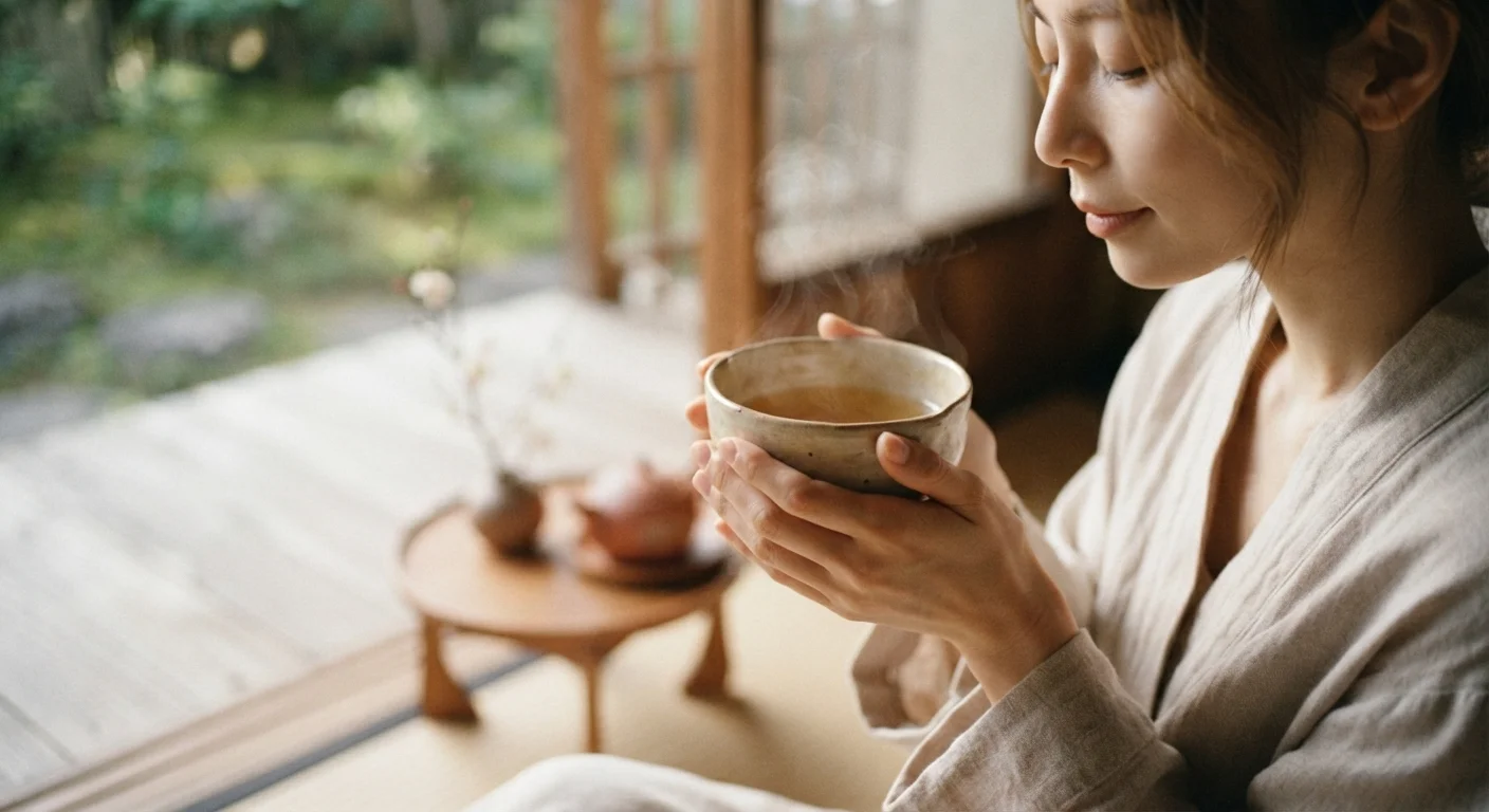 Femme tenant une tasse de thé chaud des deux mains en pleine conscience, rituel matinal zen.