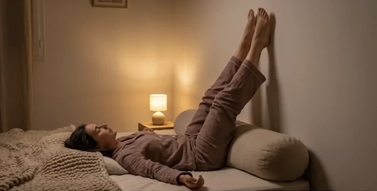 Femme allongée paisiblement sur son lit dans une lumière tamisée, les jambes relevées à la verticale contre un mur.