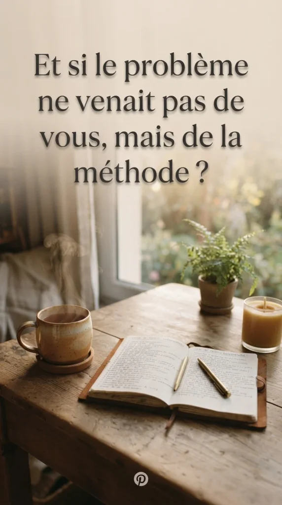 pingle Pinterest aux tons chaleureux posant la question percutante : "Et si le problème ne venait pas de vous, mais de la méthode ?" avec une ambiance de bureau cosy.