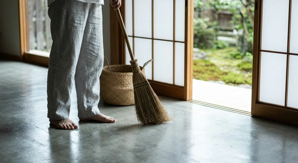 Personne aux pieds nus balayant le sol d'une maison d'inspiration japonaise avec un balai traditionnel en paille devant une baie vitrée ouverte sur un jardin.