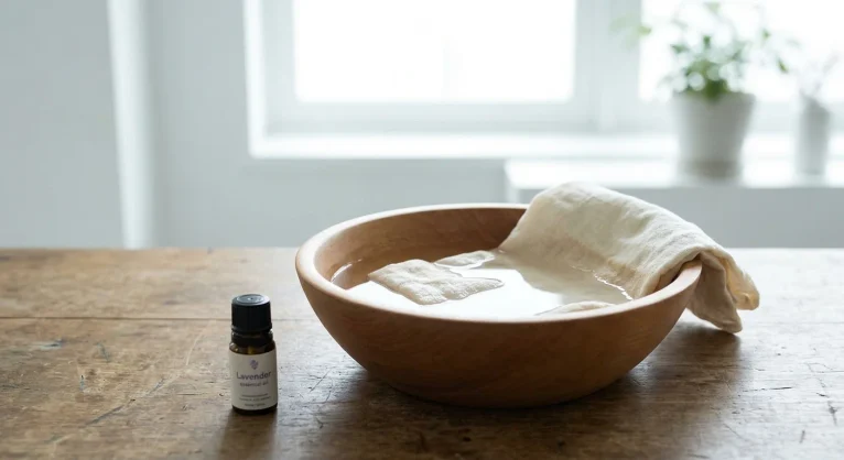 Bassine en bois remplie d'eau tiède avec un chiffon en lin naturel et un flacon d'huile essentielle sur une table en bois clair.