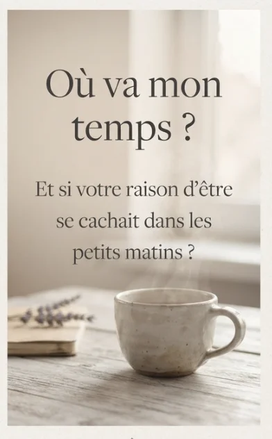 Épingle Pinterest aux tons chaleureux et épurés posant la question "Où va mon temps ?" accompagnée d'une tasse en céramique sur un fond lumineux.