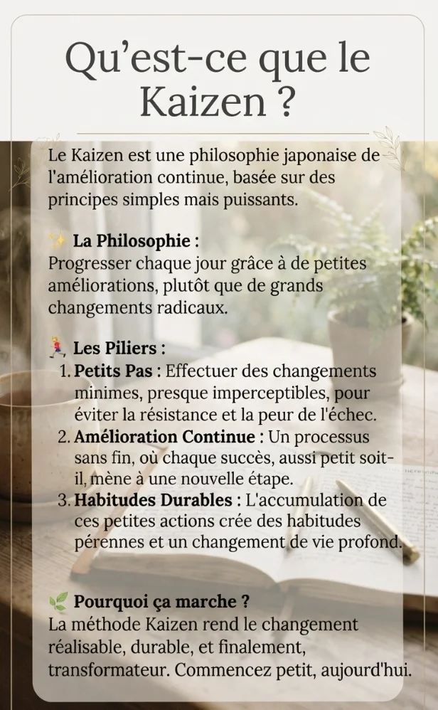 Infographie Pinterest explicative intitulée "Qu'est-ce que le Kaizen ?", détaillant l'art de l'amélioration continue et des petits pas au quotidien.