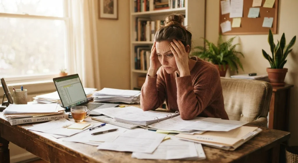 Une femme assise à son bureau encombré de papiers, les mains sur la tête, exprimant une sensation de surcharge mentale et de stress.