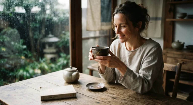 Une femme souriante tient une tasse en céramique aux accents kintsugi entre ses mains, assise près d'une fenêtre un jour de pluie, dans une ambiance chaleureuse et wabi-sabi.