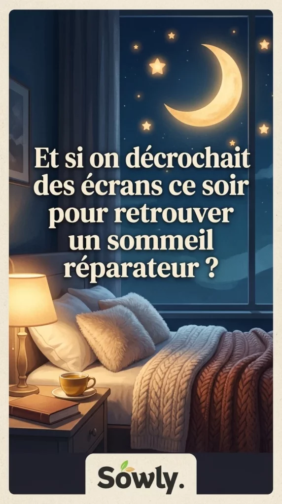 Épingle Pinterest d'accroche avec une illustration de lit confortable et de lune, affichant la question "Et si on décrochait des écrans ce soir pour retrouver un sommeil réparateur ?" et le logo de Sowly.