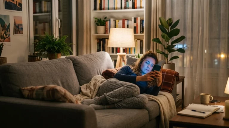 Une femme allongée sur un canapé le soir, le visage entièrement éclairé par la lumière bleue de l'écran de son smartphone, dans un salon faiblement éclairé.