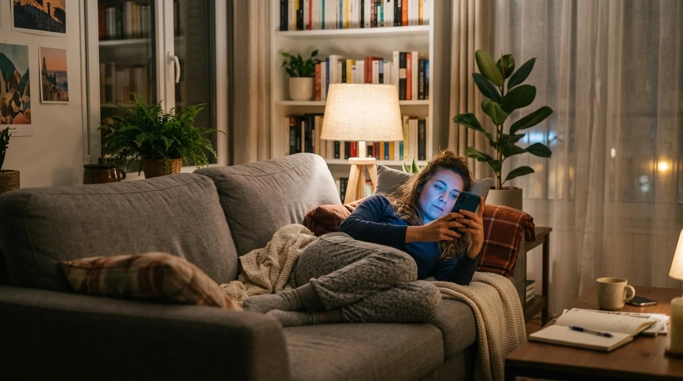 Une femme allongée sur un canapé le soir, le visage entièrement éclairé par la lumière bleue de l'écran de son smartphone, dans un salon faiblement éclairé.
