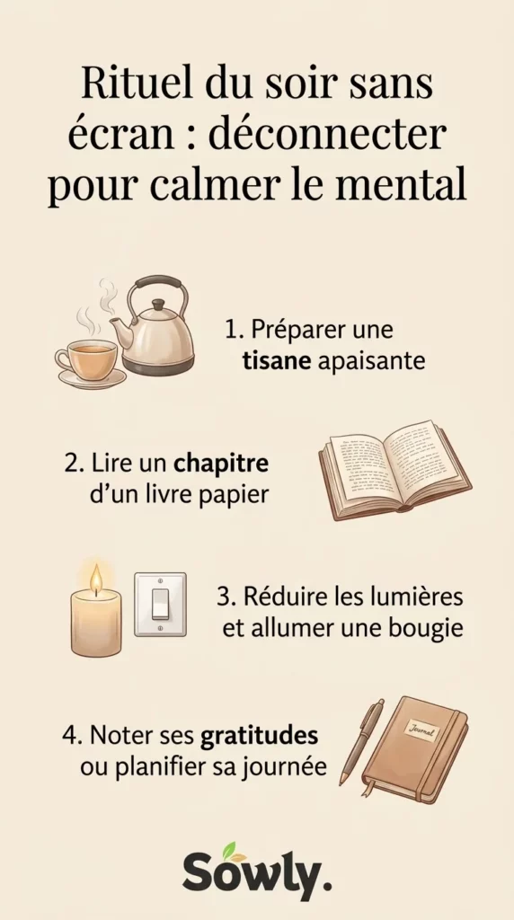 Épingle Pinterest informative intitulée "Rituel du soir sans écran : déconnecter pour calmer le mental", détaillant quatre étapes illustrées (tisane, lecture, bougie, gratitude) avec le logo de Sowly en bas.